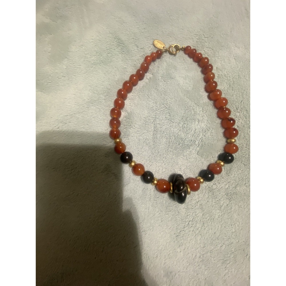 Carnelian, Onyx, Beads Gold Tone, Handmade, Artisan Necklace-VTG Genuine